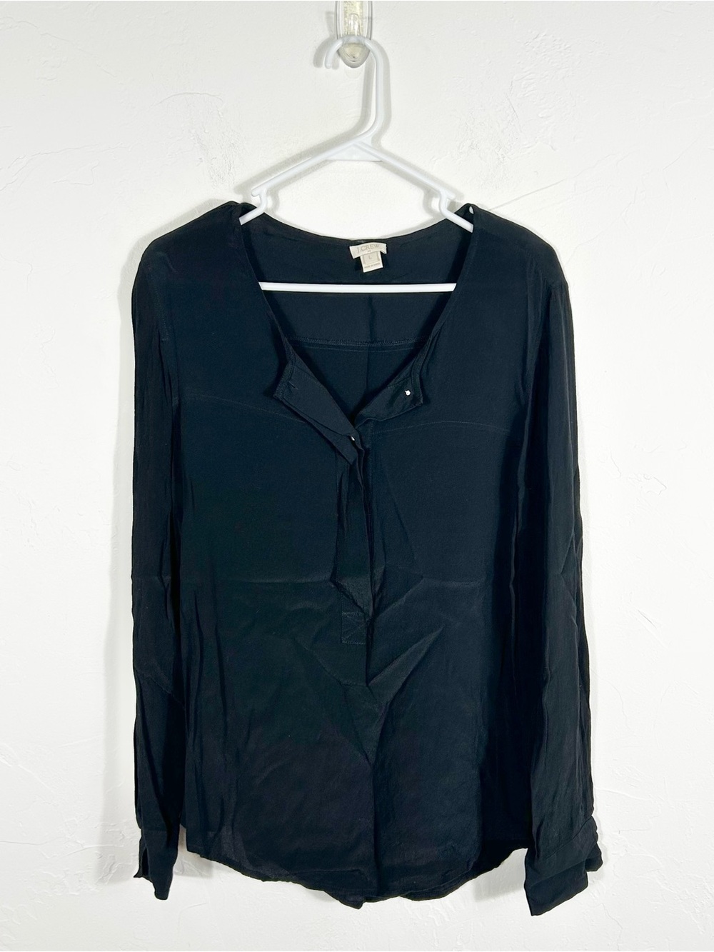 J.Crew 100% Viscose Henley Blouse Large Black Long Sleeve Split V-Neck Popover